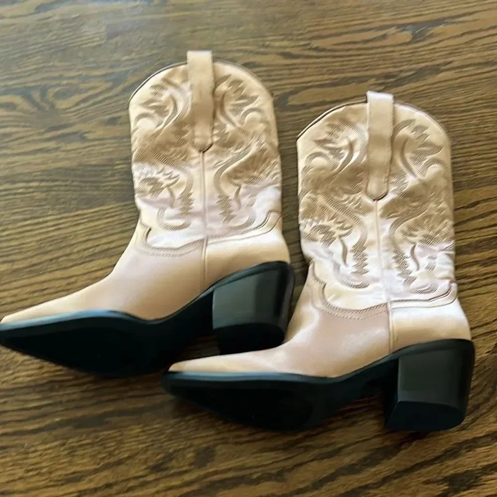 Free People Dagget Western Boots Champagne Rose Satin Amaya Western Size 6